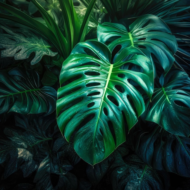 diverse piante tropicali Monstera Albo in un luogo umido e ombreggiato Concetto di botanica e natura tropicale Immagine creata con AI