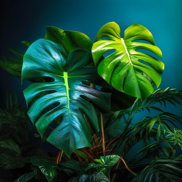 diverse piante tropicali Monstera Albo in un luogo umido e ombreggiato Concetto di botanica e natura tropicale Immagine creata con AI