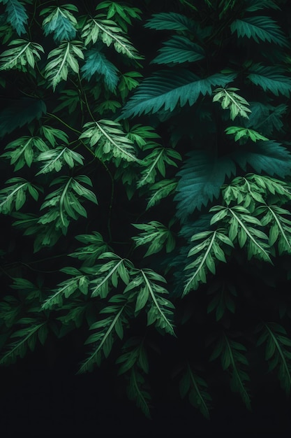 Diverse piante verdi foglie su sfondo nero creato utilizzando la tecnologia ai generativa