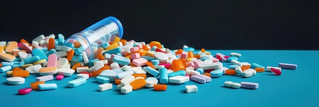 Diverse pillole e farmaci su sfondo blu Illustrazione dell'IA generativa