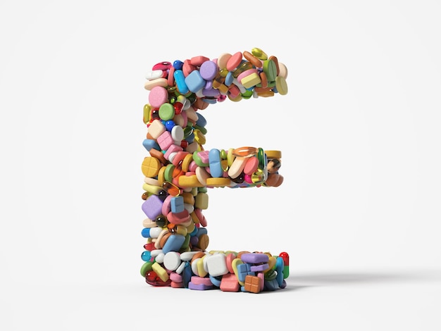 Diverse pillole impilano a forma di lettera E. adatte a temi di medicina, sanità e scienza. Illustrazione 3D, isolata su sfondo bianco