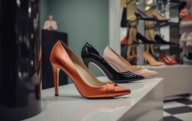 Diverse scarpe da donna alla moda sugli scaffali di un negozio