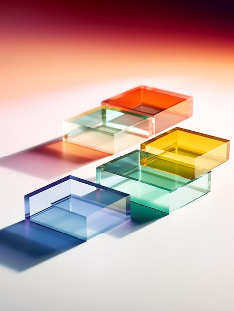 diverse scatole di vetro colorato sono disposte su una superficie bianca generativa ai