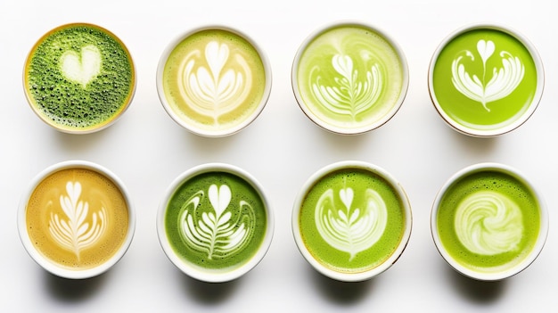 Diverse tazze di Matcha latte verde con arte a cuore in cima su un tavolo bianco