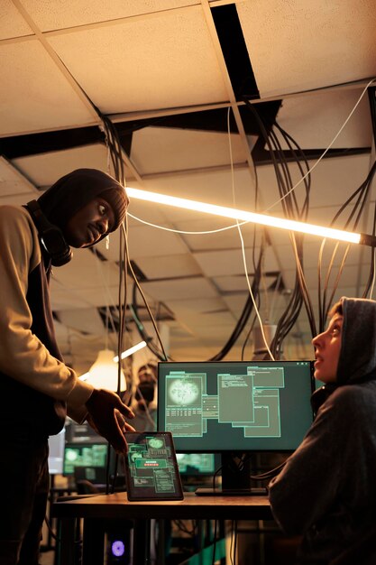 diverse team of spies trying to break firewall encryption on tablet, working at night with network to steal sensitive data. planting computer malware and hacking network system online, phishing.