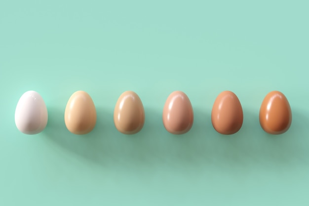 Diverse tonalità di uova su sfondo verde. Idea di Pasqua minimale.