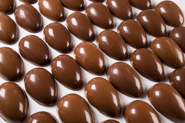 Diverse uova di Pasqua nella fabbrica di cioccolato