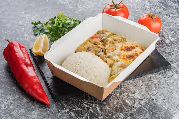 Diverse varietà di formaggio fuso con carne e riso in un pranzo al sacco