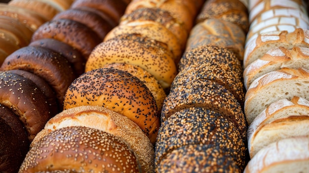 Diverse varietà di pane appena cotto esposte in panetteria pane artigianale con diversi semi e