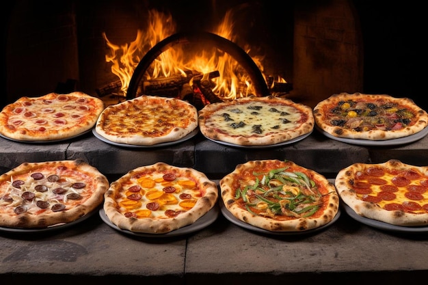 Diverse varietà di pizza cotte in un forno di mattoni