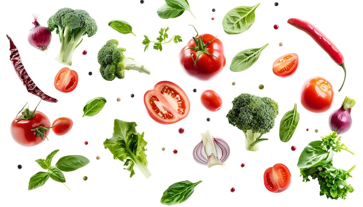 Foto diverse verdure fresche in aria su sfondo bianco