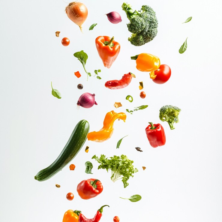 Foto diverse verdure fresche in aria su sfondo bianco