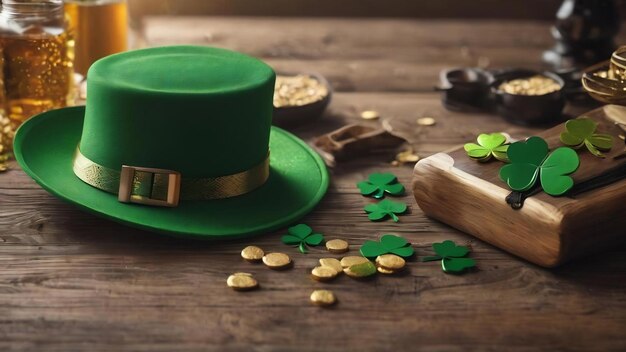 Diversi accessori di stpatricks su tavolo di legno