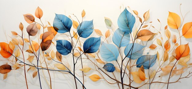 diversi acquerelli che mostrano foglie in blu giallo e arancione nello stile del realismo