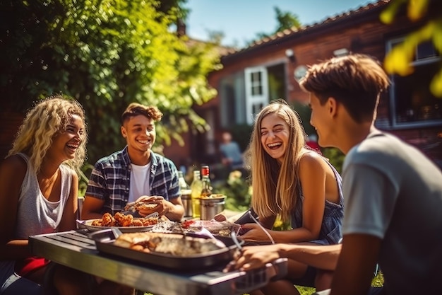 Diversi adolescenti e amici che fanno un picnic con un barbecue in giardino AI generativa