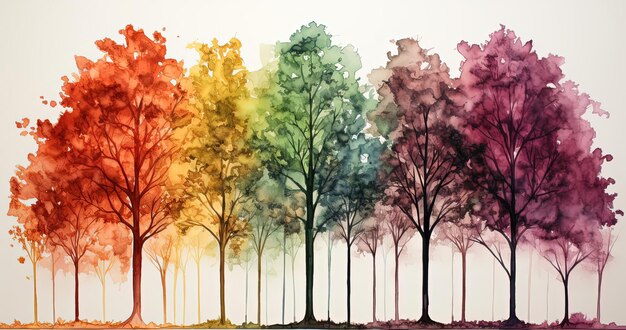 diversi alberi in acquerello con colori nello stile di marrone chiaro e smeraldo scuro