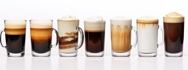 Diversi bicchieri da caffè in fila su uno sfondo bianco Creato con la tecnologia generativa AI