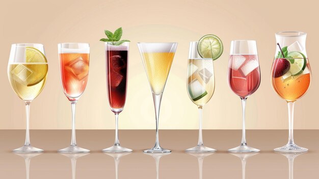 Diversi bicchieri da cocktail in varie forme per champagne e bevande lunghe in un formato moderno realistico Mockup di vetri trasparenti per liquori e alcolici Adatto per uso in ristorante o cucina