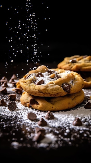 Diversi biscotti al cioccolato cosparsi di zucchero a velo su un tavolo di legno