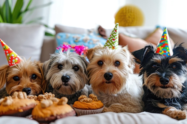 Diversi cani di razze e dimensioni diverse seduti insieme sui cuscini di un divano Puppy party per una celebrazione del compleanno di un cane AI generato