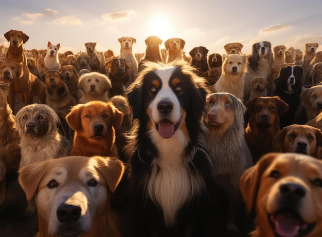 Diversi cani fanno un selfie di gruppo Tutti guardano la telecamera