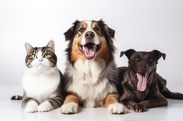 Diversi cani felici con un gatto sdraiati su uno sfondo bianco