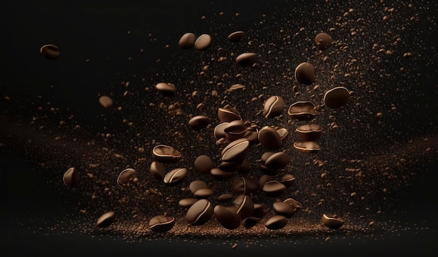 diversi chicchi di caffè volano su uno sfondo nero nello stile delle gif animate superfici ricche di texture