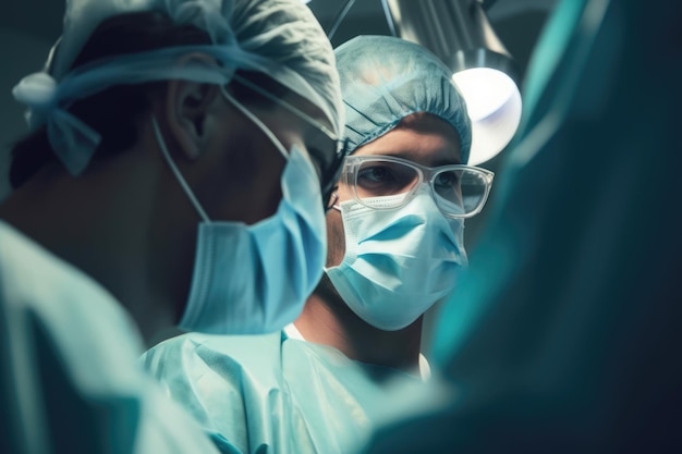 Diversi chirurghi impegnati con maschere per il viso in chirurgia creata utilizzando la tecnologia di intelligenza artificiale generativa