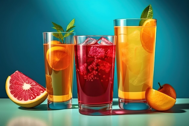 Diversi cocktail di frutta analcolici in un bicchiere di vetro su uno sfondo luminoso con pezzi di frutta Illustrazione dell'IA generativa Ingredienti biologici freschi