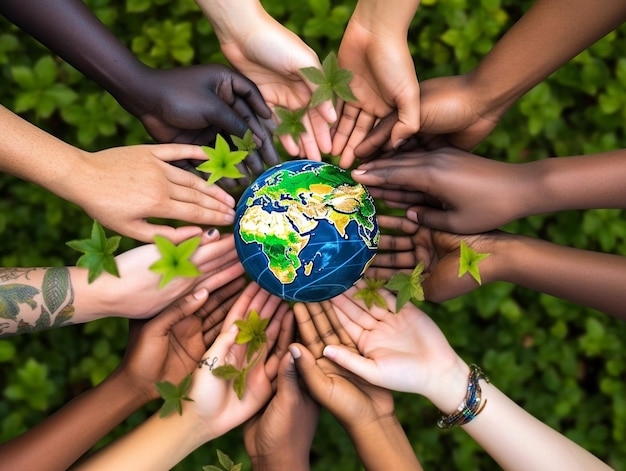 diversi colori delle mani stanno raggiungendo un globo di protezione ambientale e sostenibilità