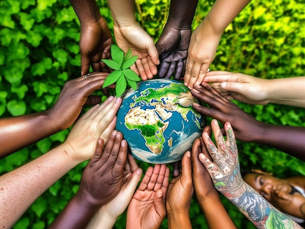 diversi colori delle mani stanno raggiungendo un globo di protezione ambientale e sostenibilità