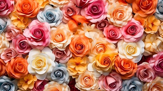 Diversi colori di rose pieno sfondo vista dall'alto giace piatto