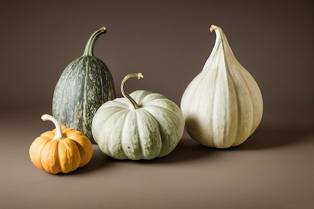 Diversi colori e forme di zucca fianco a fianco su uno sfondo scuro per un servizio fotografico minimale in studio