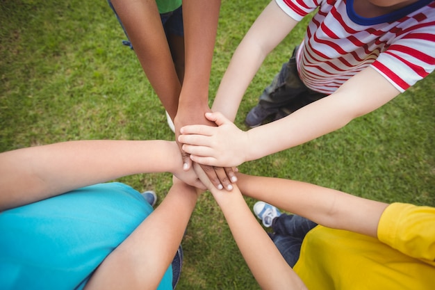 Diversi compagni di classe che uniscono le mani