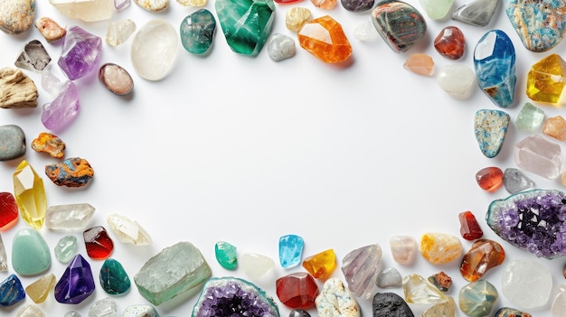 diversi cristalli naturali e pietre preziose con spazio di copia nella cornice