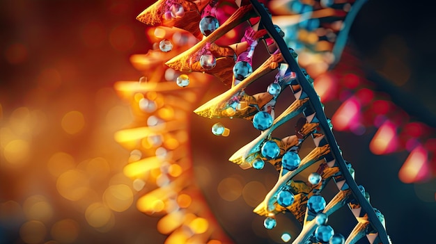 Diversi filamenti di DNA su uno sfondo sfocato.