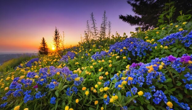 Diversi fiori colorati nel campo all'alba