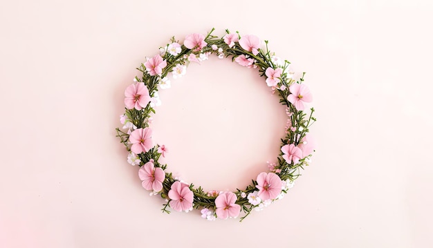 Diversi fiori in corona su sfondo rosa con spazio di copia Disegno di cornice floreale naturale astratto con spazio di testo Disegno piatto femminile romantico Matrimonio Giorno delle donne Giorno delle madri AI generativa