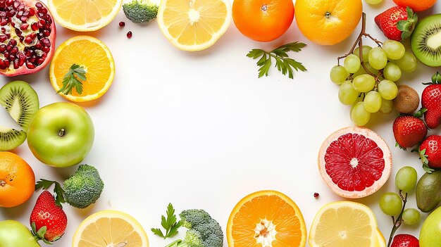 diversi frutti dolci e cornici di ortaggi sullo sfondo su bianco