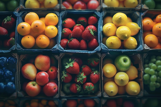 Diversi frutti freschi nei cesti del mercato vista dall'alto