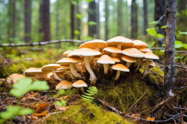 Diversi funghi selvatici che crescono in una fitta foresta