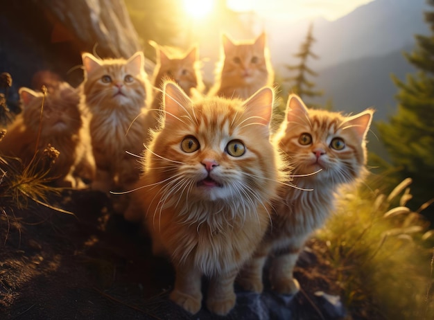 Diversi gatti fanno un selfie di gruppo