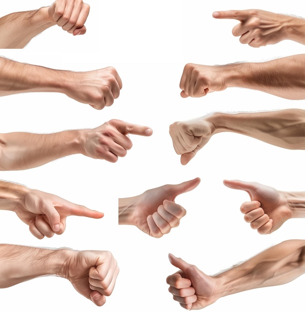 Diversi gesti delle mani di maschi caucasici isolati sullo sfondo bianco di più immagini