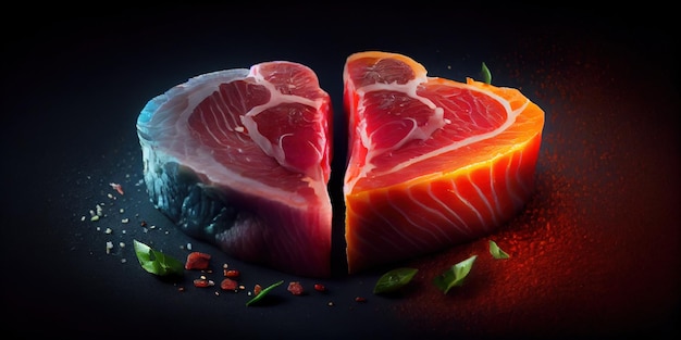 Diversi gradi di bistecca di manzo arrosto a forma di cuore con spezie Bistecca di carne AI generativa