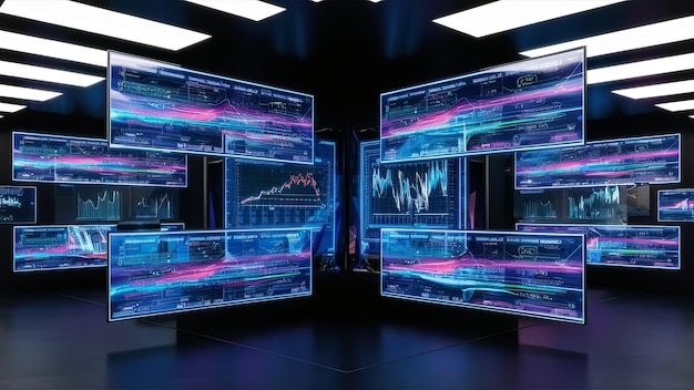 Diversi grandi schermi di computer monitorano la tecnologia di monitoraggio dei dati Composizione astratta di display con array di dati Illustrazione AI in stile futuristico motivo cyberpunk