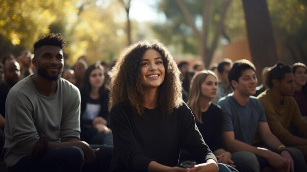 Diversi gruppi di giovani seduti all'aperto, uomini e donne che ascoltano.