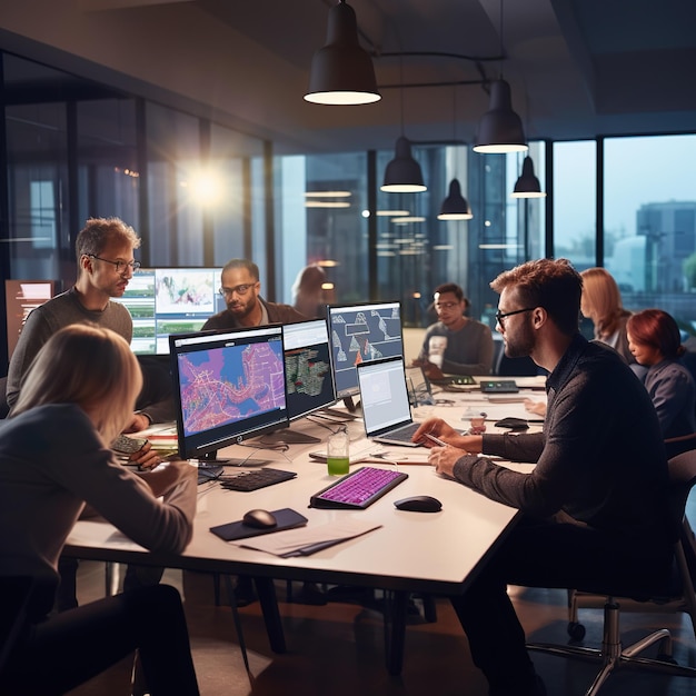 Diversi gruppi di ingegneri software che lavorano fino a tardi a un progetto in un ufficio