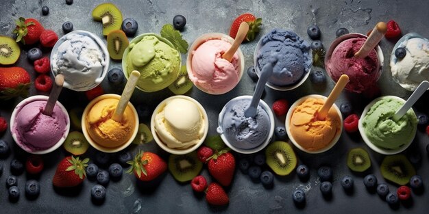 Diversi gusti di gelato bianco fresco mirtillo fragola kiwi limone vaniglia configurazione