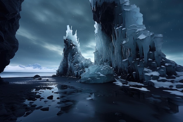 Diversi iceberg galleggiano sulla superficie dell'acqua in questa affascinante immagine fotografia minimalista rovine di ghiaccio intricate notte ad alta risoluzione 8K ultra HD AI generato