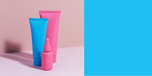 Diversi mockup di flaconi per la cosmetica su uno spazio di copia banner sfondo rosa